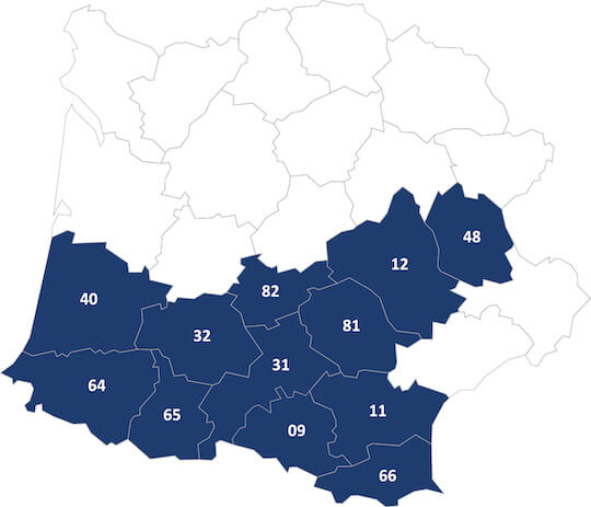 Carte des départements distribués par Guiraud Distribution